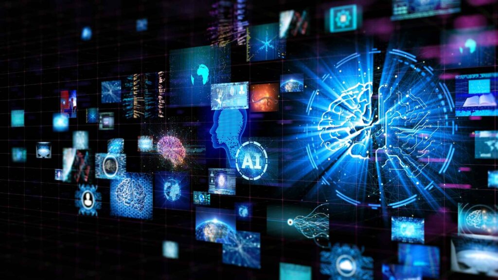 representação gráfica de inteligência artificial com cérebro digital, silhuetas humanas e múltiplas telas tecnológicas interconectadas em fundo azul.