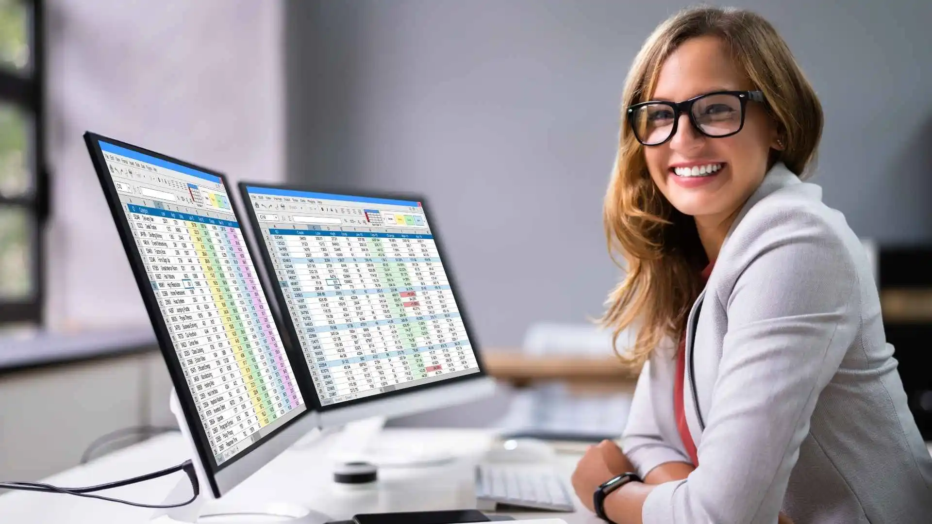 Mulher sorridente trabalhando em frente a dois monitores com planilhas de dados.