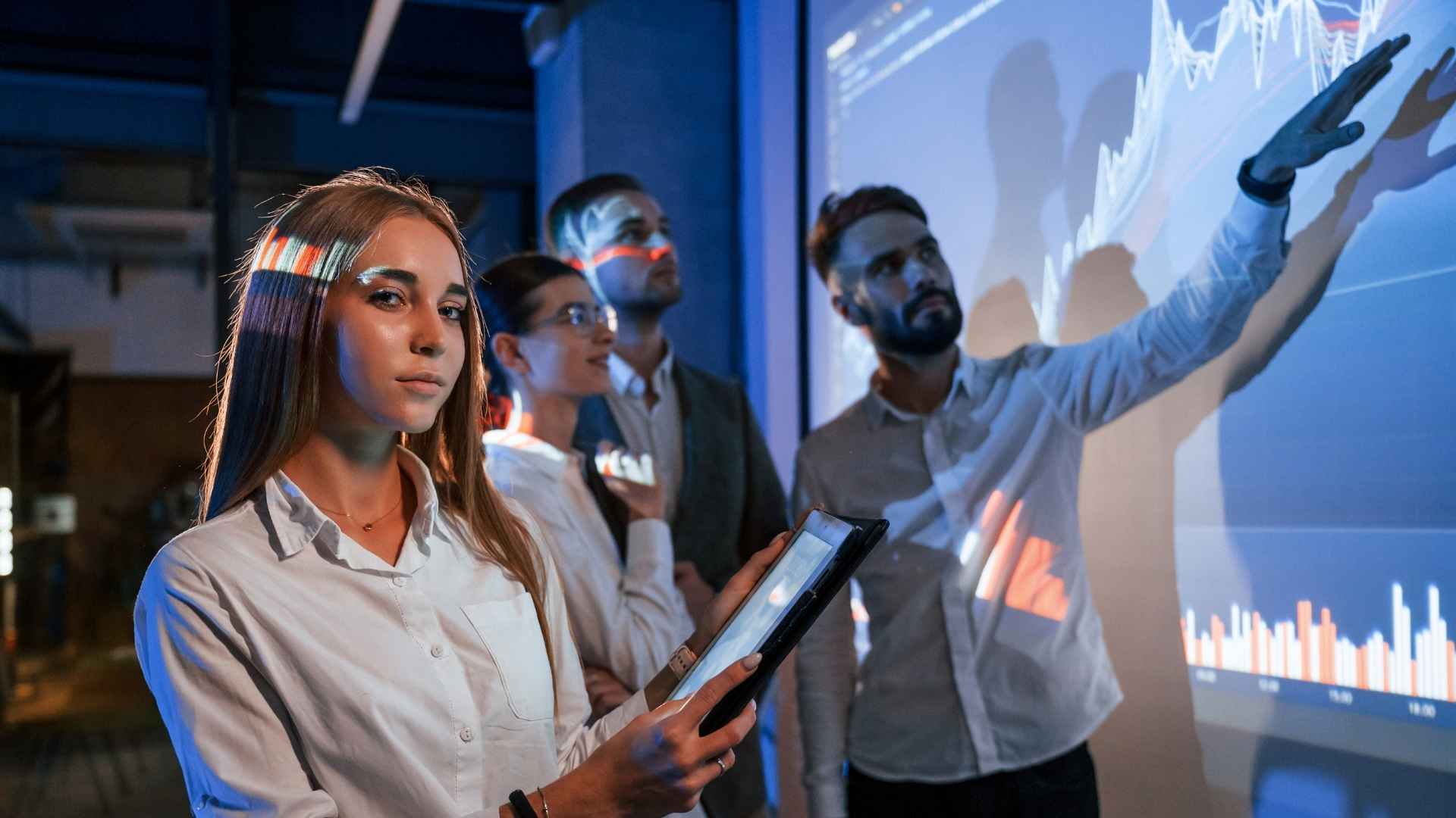 Ilustração sobre profissões do futuro, mostrando setores como tecnologia, sustentabilidade e saúde, com ícones de inteligência artificial, análise de dados e energias renováveis.