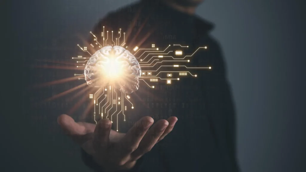 Representação visual da inteligência e estratégia na governança de TI, com cérebro digital e circuitos luminosos