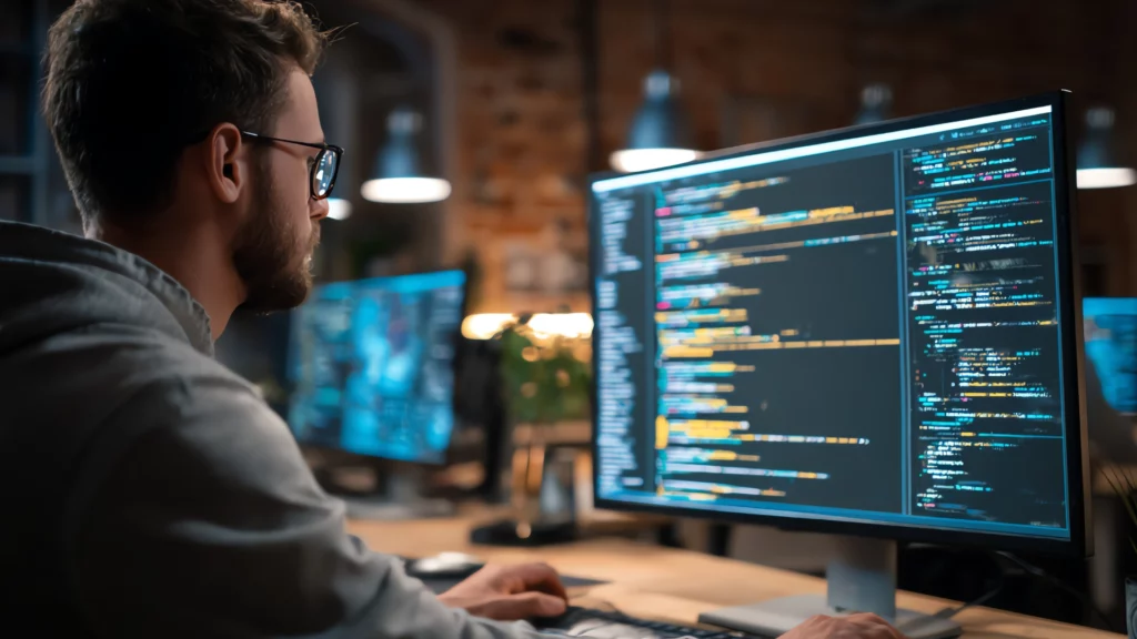 Desenvolvedor escrevendo código no computador, aplicando algoritmos e lógica de programação"