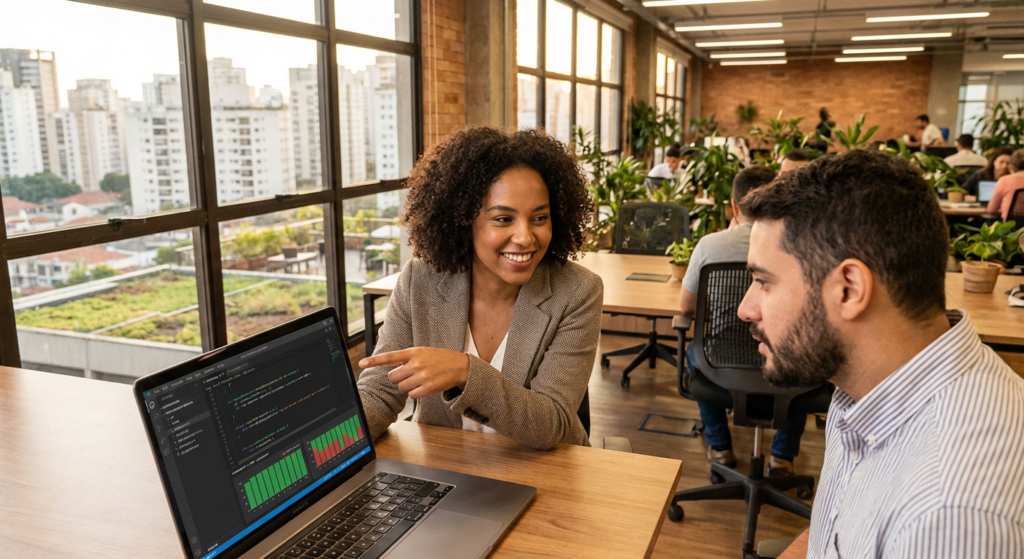 Equipe de QA colaborando em um escritório moderno com foco em testes de software e qualidade de código.