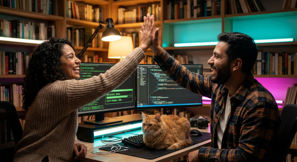 Dois desenvolvedores comemorando o sucesso de um código escalável em um home office moderno com luzes neon.